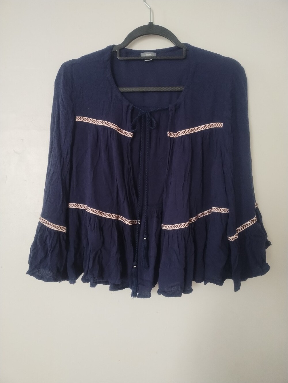 Aerie Embroidered Details Bell Sleeve Navy Viscose Jacket Top Cardigan M